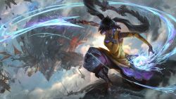 Rule 34 | 1girl, absurdres, black hair, breasts, dark-skinned female, dark skin, detached sleeves, dragon, dress, earrings, gloves, glowing, glowing eyes, highres, holding, holding weapon, jewelry, league of legends, long hair, medium breasts, monster, nilah (league of legends), official art, on one knee, open mouth, orb, outdoors, puffy pants, rain, sharp teeth, ship, smile, solo focus, teeth, upper teeth only, water, watercraft, weapon, yellow dress