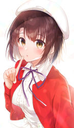 Rule 34 | 1girl, beret, blush, bob cut, bow, breasts, brown eyes, brown hair, center frills, collared shirt, frills, gyozanuko, hair between eyes, hand up, hat, highres, index finger raised, jacket, katou megumi, looking at viewer, neck ribbon, open clothes, open jacket, parted lips, purple ribbon, red jacket, ribbon, saenai heroine no sodatekata, shirt, small breasts, solo, upper body, white background, white bow, white hat, white shirt