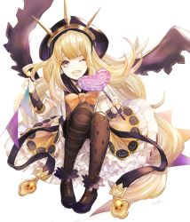 Rule 34 | 10s, 1girl, ;d, asymmetrical legwear, black footwear, blonde hair, blunt bangs, bow, bracer, cagliostro (granblue fantasy), cagliostro (halloween) (granblue fantasy), candy, cape, food, frilled skirt, frills, garland (decoration), granblue fantasy, hairband, halloween, halloween costume, heart, highres, holding, hood, jack-o&#039;-lantern, lollipop, long hair, looking at viewer, low-tied long hair, one eye closed, open mouth, orange bow, orange skirt, pantyhose, puffy short sleeves, puffy sleeves, pumpkin, purple eyes, shoes, short sleeves, signature, simple background, sitting, skirt, smile, solo, spikes, star (symbol), striped clothes, striped pantyhose, striped thighhighs, thighhighs, uneven legwear, very long hair, white background, xxx-ff