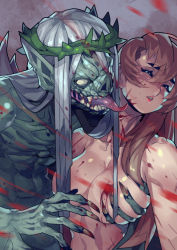 Rule 34 | 1boy, 1girl, absurdres, blood, blush, grabbing another&#039;s breast, breasts, brown hair, cleavage, closed eyes, collarbone, colored skin, crown, fengmo, goblin, goblin king, grabbing, green skin, highres, injury, large breasts, lips, long hair, monster, nude, orc, parted lips, peril, restrained, scrape, tagme, thick eyebrows, tongue, torn clothes, upper body