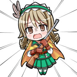 Rule 34 | 10s, 1girl, blush, brown eyes, brown gloves, cape, chibi, drill hair, earrings, emphasis lines, gloves, green skirt, gun, hairband, holding, holding gun, holding weapon, idolmaster, idolmaster cinderella girls, jewelry, light brown hair, long sleeves, morikubo nono, open mouth, pleated skirt, raryuu, short hair, simple background, skirt, solo, tears, wavy mouth, weapon, white background, white legwear