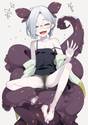 Rule 34 | +++, 1girl, :d, bare shoulders, barefoot, black camisole, black shorts, camisole, closed eyes, commentary request, detached sleeves, eyebrows hidden by hair, facing viewer, full body, glasses, green sleeves, grey hair, hair over one eye, hand up, highres, long sleeves, monster girl, ogami kazuki, open mouth, original, panties, parted bangs, pointy ears, round eyewear, scylla, scylla (ogami kazuki), short shorts, shorts, smile, solo, spread legs, strap slip, tentacles, thick eyebrows, underwear, upshorts, white panties, wide sleeves