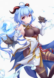Rule 34 | 1girl, ahoge, bare shoulders, bell, black gloves, black pantyhose, blue hair, bodysuit, breasts, closed mouth, cowbell, detached sleeves, dutch angle, flower knot, ganyu (genshin impact), genshin impact, gloves, goat horns, grey background, hair between eyes, highres, horns, ice, lanceralter1, long hair, looking at viewer, medium breasts, orb, pantyhose, purple eyes, smile, solo, thighband pantyhose