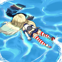 Rule 34 | 10s, 1girl, afloat, ass, blonde hair, butt crack, defeat, elbow gloves, face down, gloves, hair ribbon, kantai collection, long hair, panties, partially submerged, ribbon, shimakaze (kancolle), solo, striped clothes, striped thighhighs, thighhighs, thong, tim buktu, underwear, water, whale tail (clothing)