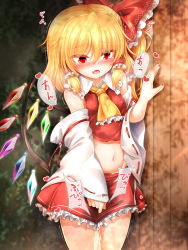Rule 34 | 1girl, aftersex, ascot, bare shoulders, blonde hair, blush, bow, breasts, bush, collar, collared shirt, cosplay, crystal, cum, cumdrip, detached sleeves, eyes visible through hair, fang, flandre scarlet, frills, hair between eyes, hair bow, hair ornament, hair tubes, hakurei reimu, hakurei reimu (cosplay), hand up, heart, highres, japanese clothes, jewelry, long sleeves, looking to the side, marukyuu ameya, medium breasts, miko, miniskirt, multicolored wings, nail polish, navel, no headwear, open mouth, ponytail, red bow, red eyes, red nails, red shirt, red skirt, shadow, shirt, short hair, skirt, solo, standing, stomach, sweat, tongue, touhou, wall, white sleeves, wide sleeves, wings, yellow ascot