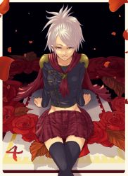 Rule 34 | 1girl, black thighhighs, blue eyes, cape, collarbone, final fantasy, final fantasy type-0, flower, groin, hair over one eye, highres, holixholi, long hair, looking at viewer, midriff, navel, ponytail, rose, school uniform, sice (fft-0), silver hair, sitting, skirt, smile, solo, thighhighs, zettai ryouiki