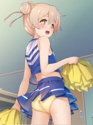 Rule 34 | 1girl, ass, blue skirt, blush, bright pupils, brown eyes, cheerleader, crop top, double bun, from behind, genderswap, genderswap (mtf), grey hair, hair bun, highres, holding, holding pom poms, indoors, looking back, md5 mismatch, multicolored hair, onii-chan wa oshimai!, open mouth, oyama mahiro, panties, pink hair, pom pom (cheerleading), pom poms, skirt, sleeveless, sody, solo, standing, tareme, underwear, webp-to-png conversion, white pupils, yellow panties