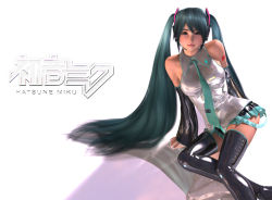 Rule 34 | 1girl, 3d, bad id, bad pixiv id, breasts, brown eyes, detached sleeves, green hair, hatsune miku, hinemaru, large breasts, long hair, microphone, necktie, solo, thighhighs, twintails, very long hair, vocaloid