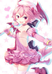 Rule 34 | 1girl, absurdres, choker, demon girl, demon tail, demon wings, detached sleeves, disgaea, dress, fang, full body, gloves, hat, highres, holding, holding wand, low wings, majolene, makai senki disgaea 6, open mouth, pink dress, pink gloves, pink hair, pink tail, pink theme, pink wings, pointy ears, red choker, red eyes, red footwear, shoes, short hair, side ponytail, simple background, solo, spaghetti strap, tail, thighhighs, wand, white background, white thighhighs, wings