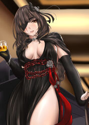 Rule 34 | 1girl, absurdres, alcohol, alternate costume, black bow, black dress, black gloves, bow, bracelet, braid, braided ponytail, breasts, brown eyes, brown hair, cleavage, cleavage cutout, clothing cutout, cowboy shot, cup, dress, drinking glass, elbow gloves, eyepatch, flower, girls&#039; frontline, gloves, hair bow, hair flower, hair ornament, highres, holding, indoors, jewelry, long hair, looking to the side, m16a1 (blazer of the trail) (girls&#039; frontline), m16a1 (girls&#039; frontline), medium breasts, mole, mole under eye, no bra, one eye covered, parted lips, partially fingerless gloves, sam desu, scar, scar across eye, scar on face, side slit, sleeveless, sleeveless dress, solo, standing