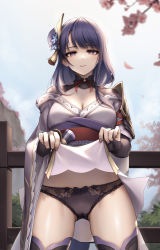 Rule 34 | 1girl, absurdres, armor, black panties, black thighhighs, braid, bridal gauntlets, cameltoe, closed mouth, clothes lift, cowboy shot, flower, genshin impact, hair flower, hair ornament, highres, japanese clothes, kie (wylee2212), kimono, kimono lift, lifting own clothes, long hair, looking at viewer, low-braided long hair, low-tied long hair, md5 mismatch, mole, mole under eye, nail polish, outdoors, panties, purple eyes, purple hair, purple kimono, purple nails, raiden shogun, resolution mismatch, shoulder armor, shrug (clothing), smile, solo, source smaller, thighhighs, underwear