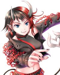 Rule 34 | 1girl, black hair, black jacket, black nails, black pants, black sports bra, blue eyes, breasts, chain, commentary request, cowboy shot, cropped jacket, demon girl, demon horns, demon tail, highres, horns, jacket, large breasts, looking at viewer, midriff, multicolored hair, nail polish, nanashi inc., navel, open clothes, open jacket, open mouth, pants, pointy ears, red hair, red pants, red sports bra, ryugasaki rene, ryugasaki rene (1st costume), short hair, simple background, solo, sports bra, sugar lyric, tail, two-tone hair, two-tone pants, underboob, virtual youtuber, white background, yuki shuuka, zipper