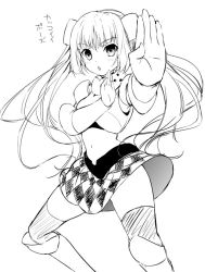 Rule 34 | 10s, 1girl, akina tsukako, checkered clothes, checkered skirt, chestnut mouth, foreshortening, greyscale, liden films, lineart, miss monochrome, miss monochrome (character), monochrome, navel, open mouth, sketch, skirt, solo, thighhighs, twintails