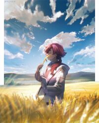 Rule 34 | 1girl, aki (neyuki41028), blue sky, book, border, closed eyes, closed mouth, cloud, collared shirt, commentary, day, english commentary, gundam, gundam suisei no majo, highres, holding, holding book, hood, hood down, hoodie, horizon, jacket, long hair, long sleeves, low-tied long hair, low ponytail, outside border, pillarboxed, red hair, red vest, shirt, sky, solo, suletta mercury, thick eyebrows, twitter username, vest, wheat, wheat field, white border, white hoodie, white shirt