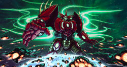 Rule 34 | armor, earth (planet), emeraldcodex, energy, energy tentacles, facing viewer, fleet, getter emperor, getter rays, getter robo, glowing, glowing eyes, green light, highres, mecha, mecha focus, multicolored armor, no humans, planet, reaching, reaching towards viewer, red armor, reflective surface, robot, science fiction, shoulder spikes, size difference, space, spacecraft, spikes, super robot, thrusters, yellow armor, yellow eyes