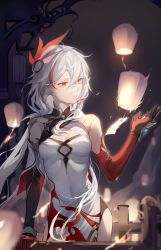 Rule 34 | 1girl, asymmetrical gloves, breasts, brown gloves, china dress, chinese clothes, cleavage, dress, elbow gloves, fu hua, fu hua (phoenix), gloves, highres, honkai (series), honkai impact 3rd, lantern, long hair, mismatched gloves, night, night sky, open mouth, outdoors, paper lantern, ponytail, red eyes, red gloves, sky, sleeveless, sleeveless dress, small breasts, solo, teeth, white dress, white hair, yaoyaooooo
