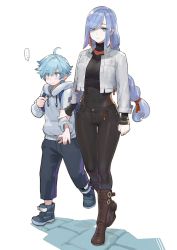 Rule 34 | ..., 1boy, 1girl, ahoge, alternate costume, aunt and nephew, backpack, bag, blue eyes, blue hair, boots, braid, breasts, chongyun (genshin impact), commentary request, cropped jacket, earrings, embarrassed, eyes visible through hair, genshin impact, gluteal fold, hand on another&#039;s arm, high collar, highres, hood, hood down, hoodie, jewelry, jun (navigavi), long hair, long sleeves, low-braided long hair, low-tied long hair, messy hair, pants, shenhe (genshin impact), silver hair, simple background, single braid, speech bubble, standing, swept bangs, very long hair, white background