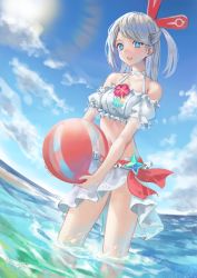 Rule 34 | + +, 1girl, ball, bare shoulders, beach, beachball, bikini, blue eyes, blue sky, blush, breasts, cloud, collarbone, crystal, day, female focus, fisheye, flower, frilled bikini, frilled sleeves, frills, grey hair, hair ornament, happy, highres, holding, holding ball, lens flare, level9kaito, light blush, long hair, looking at viewer, navel, ocean, official alternate costume, one side up, open mouth, outdoors, red flower, sand, sarong, short sleeves, sidelocks, sky, small breasts, smile, solo, standing, stella (world flipper), stomach, sun, sunlight, swept bangs, swimsuit, teeth, transparent, wading, water, white bikini, white sarong, world flipper