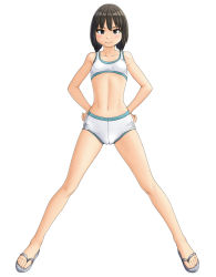 Rule 34 | 1girl, bikini, black eyes, black hair, blush, bob cut, breasts, closed mouth, commentary request, full body, green footwear, hands on own hips, looking at viewer, maburu (lojyq1eur3e8bit), navel, original, sandals, short hair, simple background, small breasts, smile, solo, spread legs, standing, swimsuit, white background, white bikini