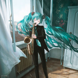 Rule 34 | 1girl, aqua hair, cityscape, closet, curtains, closed eyes, flower, formal, hatsune miku, highres, instrument, long hair, music, necktie, open window, pant suit, pants, plant, playing instrument, potted plant, radiator, reoen, saxophone, solo, suit, symbol-only commentary, twintails, very long hair, vocaloid, wind, wind lift, window, wooden floor