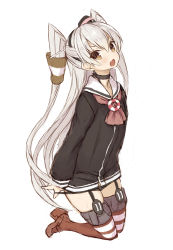Rule 34 | 1girl, amatsukaze (kancolle), black panties, blush, breasts, commentary, dress, fang, garter straps, goekawa, hair between eyes, hair tubes, kantai collection, lifebuoy, long hair, long sleeves, looking at viewer, neckerchief, open mouth, panties, panty pull, red thighhighs, sailor dress, school uniform, short dress, silver hair, simple background, small breasts, solo, swim ring, thighhighs, two side up, underwear, white background, yellow eyes