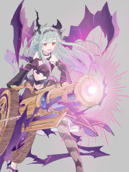 Rule 34 | 1girl, aiming, blue hair, breasts, cannon, chaos aurora (grimms notes), detached sleeves, dress, fighting stance, grey background, grimms notes, hair ribbon, highres, holding, holding weapon, hrmk chicken, long hair, medium breasts, midriff, open mouth, red eyes, ribbon, simple background, single sock, smile, socks, solo, thorns, weapon
