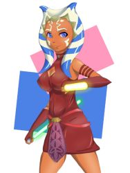 Rule 34 | 1girl, ahsoka tano, alien, animification, belt, blue eyes, breasts, catsuit, cleavage cutout, clone wars, clothing cutout, covered erect nipples, dress, elbow gloves, energy sword, facial mark, fingerless gloves, forehead mark, gloves, large breasts, lightsaber, loincloth, looking at viewer, navel, no bra, reverse grip, see-through, short dress, smile, solo, star wars, star wars: the clone wars, sword, tentacle hair, togruta, weapon