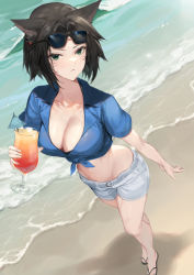 Rule 34 | 1girl, absurdres, animal ears, bad id, bad pixiv id, beach, bikini, bikini under clothes, black hair, blue hawaii, blue shirt, breasts, cat ears, cleavage, commission, crop top, cup, drinking glass, earrings, eyewear on head, facial mark, final fantasy, final fantasy xiv, front-tie top, green eyes, grey shorts, halterneck, highres, holding, hurricane glass, jewelry, large breasts, looking at viewer, midriff, miqo&#039;te, molyb, navel, sand, shirt, short hair, short shorts, short sleeves, shorts, slippers, solo, standing, stomach, string bikini, sunglasses, swimsuit, thighs, tropical drink, v-shaped eyebrows, warrior of light (ff14), water, wet, whisker markings