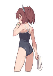 Rule 34 | 1girl, ass, bracelet, brown hair, casual one-piece swimsuit, commentary request, cropped legs, grey one-piece swimsuit, headgear, highres, jewelry, looking at viewer, looking back, one-piece swimsuit, ponytail, red eyes, simple background, solo, swimsuit, touhoku kiritan, unworn swim cap, voiceroid, white background, yamamomo (plank)