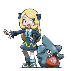 Rule 34 | 1girl, :d, aged down, blacknirrow, blonde hair, blue bow, blue bowtie, blue dress, blue ribbon, bow, bowtie, child, commentary, creatures (company), cynthia (pokemon), dress, english commentary, full body, game freak, gen 4 pokemon, gible, grey eyes, hair ribbon, hand on own hip, kneehighs, long hair, long sleeves, nintendo, open mouth, outstretched arm, pokemon, pokemon (anime), pokemon (creature), pokemon journeys, ribbon, simple background, smile, socks, standing, white background, white socks