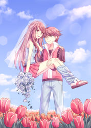 Rule 34 | 1boy, 1girl, blue shirt, blue socks, bouquet, brown eyes, brown hair, carrying, closed mouth, cloud, commentary request, creatures (company), day, flower, game freak, holding, holding bouquet, leaf (pokemon), long hair, loose socks, nintendo, orange flower, outdoors, pants, pleated skirt, pokemon, pokemon frlg, red (pokemon), red skirt, scbstella, shirt, shoes, short hair, short sleeves, skirt, sky, sleeveless, sleeveless jacket, sleeveless shirt, smile, socks, standing, t-shirt, veil, white footwear