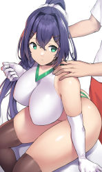 Rule 34 | 1boy, 1girl, ass, black thighhighs, breasts, elbow gloves, from behind, gloves, green eyes, green gym girl (nagase haruhito), gym uniform, hair ribbon, hands on another&#039;s shoulders, large breasts, leotard, nagase haruhito, original, plump, ponytail, purple hair, ribbon, skin tight, skindentation, solo, thick thighs, thighhighs, thighs