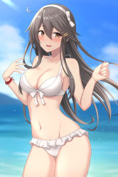 Rule 34 | 1girl, absurdres, akahi242, bikini, black hair, blurry, blurry background, blush, breasts, brown eyes, cleavage, collarbone, cowboy shot, day, hair between eyes, hair ornament, hairband, hairclip, haruna (kancolle), highres, kantai collection, large breasts, long hair, open mouth, outdoors, solo, swimsuit, white bikini, white hairband