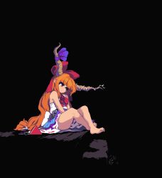 Rule 34 | 1girl, barefoot, black background, blue skirt, bow, commentary request, cuffs, full body, hair bow, head tilt, horn ornament, horn ribbon, horns, ibuki suika, long hair, low-tied long hair, namako daibakuhatsu, orange eyes, orange hair, pixel art, purple ribbon, pyramid (structure), red bow, red neckwear, ribbon, ribbon-trimmed skirt, ribbon trim, shackles, shirt, simple background, sitting, skirt, solo, torn clothes, torn sleeves, touhou, v arms, very long hair, white shirt