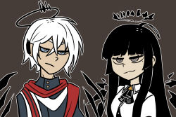 Rule 34 | 1boy, 1girl, ahoge, arknights, ascot, black ascot, black coat, black eyes, black hair, black halo, black shirt, black wings, blue eyes, blunt bangs, broken halo, brown background, buttons, cloak, coat, collared jacket, commentary, cousins, dark halo, deformed, detached wings, dokonjou (odossan), dress shirt, earpiece, energy wings, executor (arknights), executor the ex foedere (arknights), expressionless, flat color, hair between eyes, halo, high collar, hime cut, implied incest, jacket, long hair, looking at viewer, mechanical halo, mechanical wings, mole, mole under eye, official alternate costume, outline, pale skin, parody, red scarf, scarf, shirt, short hair, sidelocks, simple background, smile, smirk, style parody, symbol-only commentary, the coffin of andy and leyley, upper body, very long hair, virtuosa (arknights), white cloak, white hair, white jacket, wings