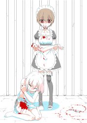 Rule 34 | 2girls, absurdres, amputee, apron, barefoot, barikios, bars, bite mark, bleeding, blood, blood on clothes, blood on face, bright pupils, closed eyes, dress, dungeon, frills, gown, guro, highres, injury, knife, limbs, maid, maid apron, maid headdress, md5 mismatch, multiple girls, naked apron, open mouth, original, pain, red eyes, severed arm, severed limb, shaded face, short hair, sitting, skirt, sweat, tears, vampire, wariza, white pupils