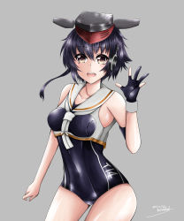 Rule 34 | 10s, 1girl, asymmetrical hair, bad id, bad pixiv id, bare shoulders, black hair, black one-piece swimsuit, breasts, brown eyes, cowboy shot, framed breasts, gloves, hair between eyes, hal nakura, hat, headphones, highres, i-14 (kancolle), kantai collection, looking at viewer, medium breasts, one-piece swimsuit, open mouth, partially fingerless gloves, sailor collar, school swimsuit, short hair, smile, solo, swimsuit, waving