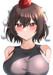 Rule 34 | 1girl, black hair, black shirt, blush, breasts, hair between eyes, hair ornament, hat, highres, kakubou, large breasts, pointy ears, pom pom (clothes), pom pom hair ornament, red eyes, red hat, shameimaru aya, shirt, short hair, sleeveless, sleeveless shirt, sweat, taut clothes, taut shirt, tokin hat, touhou, upper body