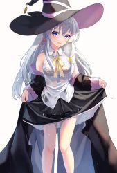 Rule 34 | 1girl, absurdres, bare shoulders, black hat, black robe, black skirt, blush, bow, bowtie, braid, breasts, collared shirt, commentary request, elaina (majo no tabitabi), feet out of frame, frilled skirt, frills, grey hair, hair between eyes, hair bow, hat, highres, long hair, long sleeves, looking at viewer, majo no tabitabi, medium breasts, open mouth, pi tayuko, pink bow, robe, shirt, simple background, single braid, skirt, skirt hold, sky, sleeveless, sleeveless shirt, solo, standing, tree, wet, wet clothes, wet shirt, white shirt, witch hat, yellow bow, yellow bowtie