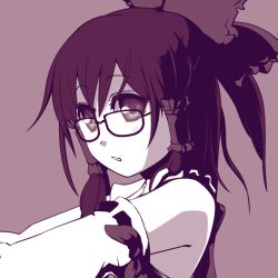 Rule 34 | 1girl, bad id, bad pixiv id, bespectacled, bow, clothes, cpu (hexivision), cpu (pixiv), detached sleeves, female focus, glasses, hair bow, hair tubes, hakurei reimu, japanese clothes, monochrome, portrait, purple theme, solo, touhou
