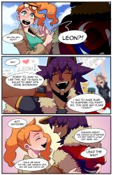 Rule 34 | 1boy, 3koma, 4girls, absurdres, beard, blurry, blurry background, blush, cape, coat, comic, creatures (company), dark-skinned male, dark skin, day, english text, face-to-face, facial hair, facing another, fur trim, game freak, green eyes, height difference, high ponytail, highres, hug, kinjero, leon (pokemon), long hair, looking at another, multiple girls, nintendo, open mouth, orange hair, outdoors, pokemon, pokemon swsh, purple eyes, shirt, smile, sonia (pokemon), sweat