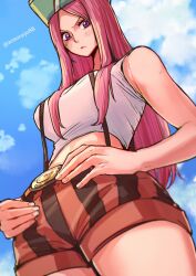 Rule 34 | 1girl, aosora2823, blush, female focus, hat, highres, jewelry bonney, long hair, looking at viewer, looking down, one piece, pink hair, shirt, suspenders, white shirt