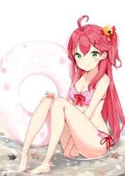 Rule 34 | 1girl, absurdres, ahoge, bare arms, bare legs, bare shoulders, barefoot, bell, between legs, bikini, blush, bow, breasts, cleavage, collarbone, commentary request, green eyes, hair bell, hair bow, hair ornament, hairclip, halterneck, hand between legs, hand on own knee, highres, hololive, innertube, jingle bell, long hair, medium breasts, one side up, pink bikini, red bow, red hair, sakura miko, sakura miko (hololive summer 2019), shallow water, side-tie bikini bottom, sitting, solo, starfish, swim ring, swimsuit, transparent, very long hair, virtual youtuber, water, white background, x hair ornament, yukaa
