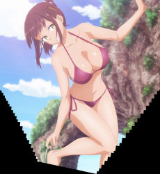 Rule 34 | 1girl, absurdres, bare shoulders, beach, bikini, blunt bangs, breasts, cheer-chan (tawawa), cleavage, collarbone, getsuyoubi no tawawa, highres, large breasts, looking at viewer, navel, outdoors, pink bikini, ponytail, red hair, sandals, screencap, side-tie bikini bottom, sidelocks, sky, smile, solo, stitched, stomach, swimsuit, thighs, third-party edit, yellow eyes