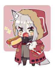 Rule 34 | 1girl, animal ear fluff, animal ears, arknights, black footwear, blush stickers, boots, chibi, cup, disposable cup, dress, drinking straw, fang, food, food on face, full body, grey dress, grey hair, hair between eyes, holding, holding food, hood, hooded jacket, hot dog, jacket, lemon raimu, long sleeves, medium hair, open mouth, pink background, projekt red (arknights), red jacket, solo, sparkle, tail, wolf ears, wolf tail