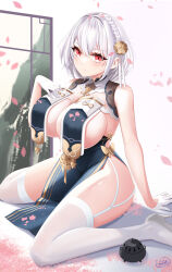 Rule 34 | 1girl, absurdres, azur lane, breast curtains, breasts, chinese clothes, cleavage, dress, falling petals, flower, garter straps, gloves, grey dress, hair flower, hair ornament, half gloves, high heels, highres, huge breasts, official alternate costume, pelvic curtain, petals, red eyes, revealing clothes, ribbon between breasts, shiny skin, shoes, short hair, shuguaier, signature, sirius (azur lane), sirius (azure horizons) (azur lane), sleeveless, solo, thighhighs, white footwear, white garter straps, white gloves, white hair, white thighhighs