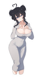 Rule 34 | 1girl, ahoge, aningay, blue eyes, blush, breasts, cleavage, collarbone, commentary request, covered navel, cropped jacket, cropped legs, dongtan dress, double bun, dress, grey dress, grey jacket, grin, hair between eyes, hair bun, hands up, head tilt, heart, heart ahoge, highres, jacket, korean commentary, large breasts, long sleeves, meme attire, open clothes, open jacket, original, sidelocks, simple background, sleeves past wrists, smile, solo, white background