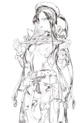 Rule 34 | 1girl, asymmetrical bangs, belt, belt pouch, beret, breasts, elazale, eunhwa (nikke), fingerless gloves, forehead, gloves, goddess of victory: nikke, greyscale, hat, highres, jacket, leotard, long hair, monochrome, pouch, small breasts, solo, unfinished