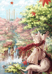 Rule 34 | 1girl, animal ears, cloud, cloudy sky, day, detached sleeves, from behind, hat, inubashiri momiji, kitsune maru, leaf, long sleeves, maple leaf, onbashira, red hat, red scarf, scarf, scenery, short hair, sky, solo, tail, tokin hat, touhou, tree, water, waterfall, white hair, wide sleeves, wolf ears, wolf tail