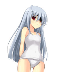 Rule 34 | 10s, 1girl, ash (pixiv53802), eyepatch, infinite stratos, laura bodewig, long hair, one-piece swimsuit, red eyes, school swimsuit, silver hair, solo, swimsuit, thigh gap, thighs, white school swimsuit, white one-piece swimsuit